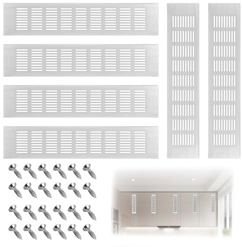 APACALI Lot de 6 grilles d'aération de plinthe de cuisine en alliage d'aluminium argenté avec vis, grille d'aération argentée pour placard, armoire, armoire - 80 mm x 400 mm