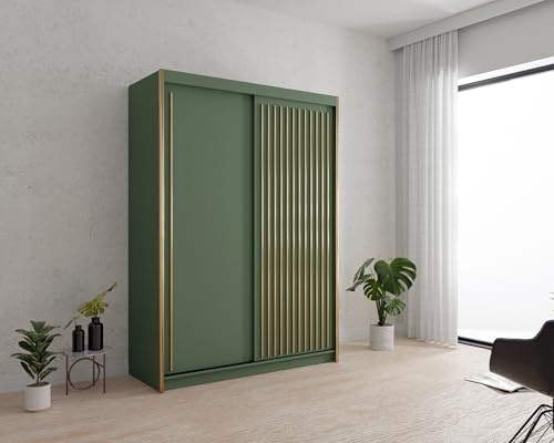 Krudox PST Grün Schiebetürenschrank Kleiderschrank 150x216x62 cm - Schlafzimmermöbel, Aufbewahrung – Mehrzweckschrank mit 2 Kleiderstangen