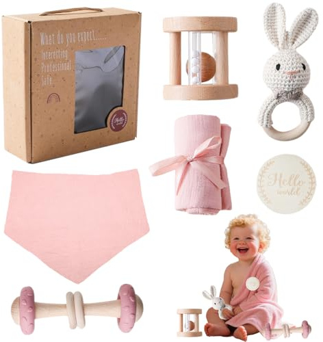 NAVESO Neugeborenen Geschenk zur Geburt, 6-Teilig Baby Geschenk Mädchen Junge, mit Badetücher, Lätzchen, Holzspielzeug, Hasenrassel und Meilensteinkarten, Geschenkverpackung, Babyparty (Rosa)