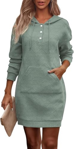 TrendiMax Damen Hoodie Kleid Herbst Übergangs Kapuzenpullover Sweatkleid Textur Knopf Langarm Sweatshirt Kleid mit Kapuze