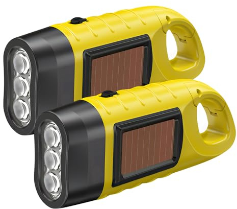 2 Pack Wind Up Solar Torch Led Rechargeable Camping Flashlight Hand Crank Solar Powered Torch Super Bright Portable Survival Emergency Dynamo Flashlight with Carabiner Hook [Energy Class A+++]