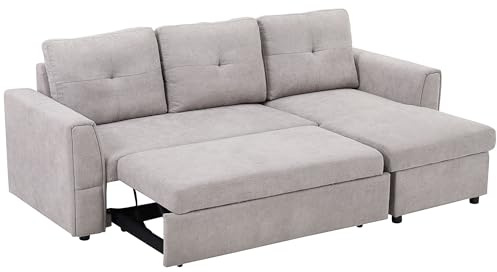 HOMCOM Schlafsofa Ecksofa mit Bettfunktion, 3 Sitzer Couch mit Stauraum, Chaiselongue, Leinenoptik Polstersofa für Wohnzimmer, Grau