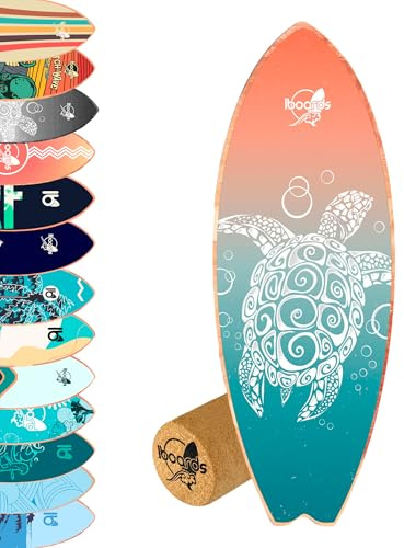 Balance Board IBOARDS – Surf Colours Balance Board – PEFC Buchenholz, rutschfeste Oberfläche, Rolle aus recyceltem Kork – 80 × 30 × 3 cm – Packung mit 13 Designs (Palm)