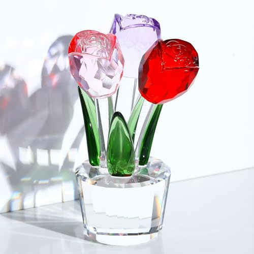 Arikyrist Colourful Crystal Rose Flower Gifts for Women Bouquet Ornaments | Crystal Colourful Rose Bouquet Gift for Mum on Valentine's Day Anniversary Mother's Day Birthday Glass Flower Ornaments