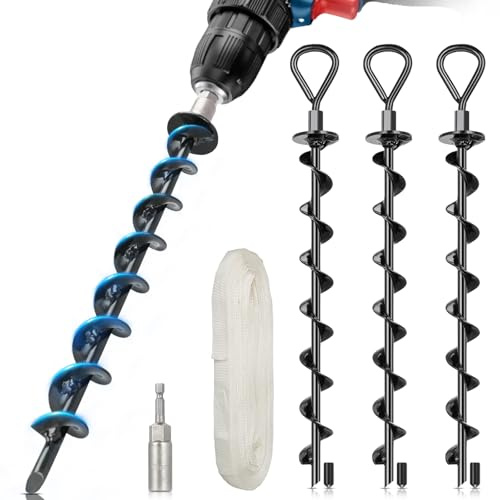 hannger Ground Anchors Screw in 4 Pack 15, Trampoline Stakes Heavy Duty High Wind, Shed Anchor Kit with Webbing Full Spiral Design, Earth Anchor for Tent Canopy Carport Swing Sets