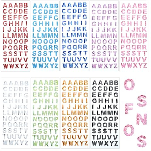 9 Sheets Rhinestone Letters Stickers, Self-Adhesive Glitter Letter Stickers, Multicolor Crystal Alphabet Sticky Letters for Crafts, Scrapbooking, Card Making, Grad Cap DIY Art Craft(9 Colors)