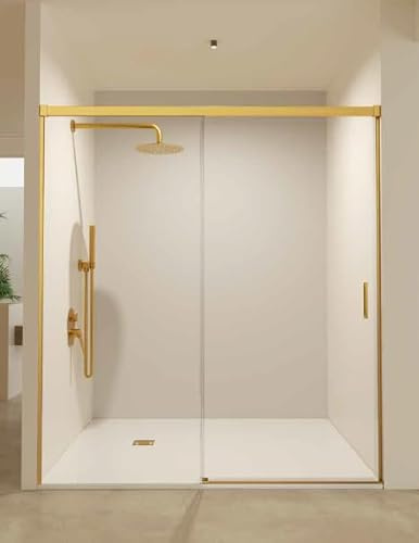 Mice - Mampara de Baño Frontal / 1 Panel Fijo + 1 Puerta Corredera/Mampara de bañera/Cerramiento de ducha/Mampara corredera con perfilería de aluminio color Oro Cepillado/Medida 125 x 195 cm