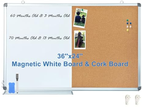 36x24 Inches White Board Cork Board Combo | Magnetic Dry Erase Board & Cork Pinboard in One | Wall-Mounted Office Home School Message Organizer