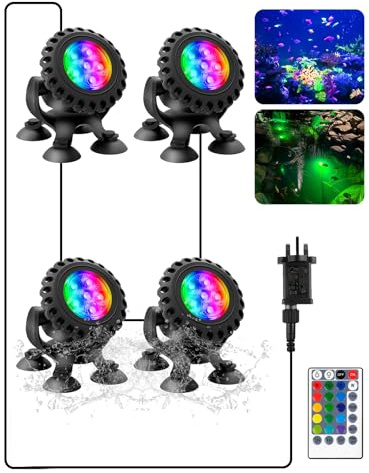 T-SUN Luci solari per laghetto, 4 in 1, luci subacquee RGB, impermeabili, IP68, luce sommergibile sostenibile per stagno, giardino, patio, fontana, piscina, decorazione a cascata