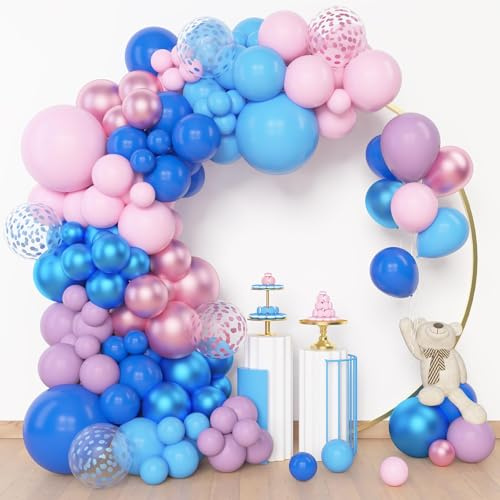 BlueCloudy Kit d’arche à ballons guirlande rose et bleu, différentes tailles 45 30 25 12 cm, ballons pastel bleu rose violet confettis, pour décoration anniversaire été piscine