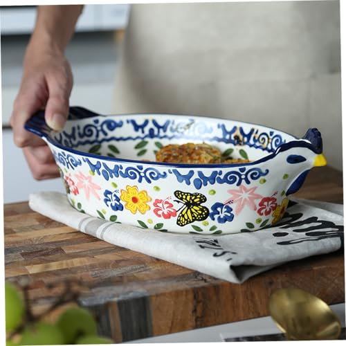 Plat de cuisson en céramique, cocotte vintage à motif papillon et fleur avec poignées, ustensiles de cuisson en céramique en forme poulet pour la cuisine, le gâteau, le dîner, la décoration la