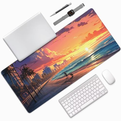 Alfombrilla Ratón XXL Gaming 1400x600x3mm, Grande Alfombrilla Ratón Playa Patrón Mouse Pad Gaming, Tapete Rato Atardecer Impermeable y Antideslizante Base de Goma para Decoracion Escritorio 0E-348