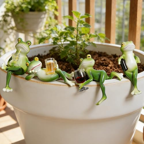 TGKYK 4 vasi da fiori da appendere a forma di rana, in resina, resistenti alle intemperie, decorazione da giardino, rana, interessante decorazione da giardino, per sgabelli di recinzione, fattoria