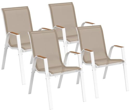 IDMarket - Set aus 4 stapelbaren Gartenstühlen NOUMEA aus Metall und Textilene in Weiß und Holz