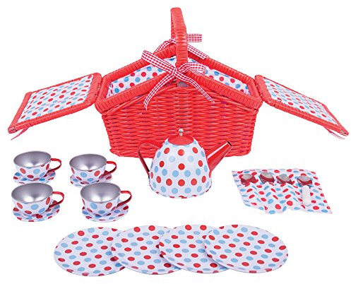 Bigjigs Toys Colourful Spotted Tea Set and Carry Basket - Pretend Role Play