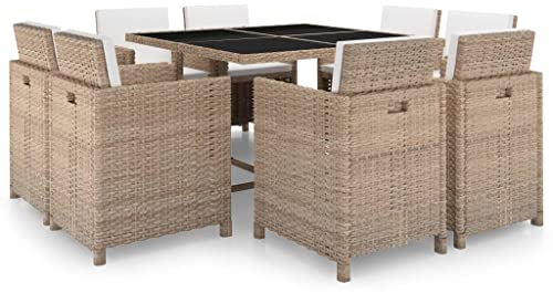 vidaXL Conjunto de Muebles de Exterior 9 Piezas Comedor de Jardín Sillas y Mesa de Porche Patio Poli Ratán Sintético Beige Estilo de Mimbre