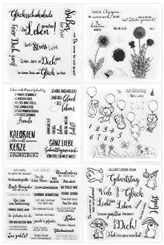 Silikonstempel Sprüche Deutsch Set,6 Blätter Geburtstag Stempel | Clear Stamps Glückwünsche,Blumen Clear stamp Set für DIY Bullet Journal Scrapbooking Fotoalbum Stempelset