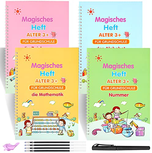 funvce 4 Stück Deutsch Magisches Heft 26x18cm übungsheft mit Stift, Wiederverwendbares Handschrift Kalligraphie Schreiblernheft für Kinder, Schreiben Lernen Zahlen,Mathematik,Zeichnung,Buchstaben