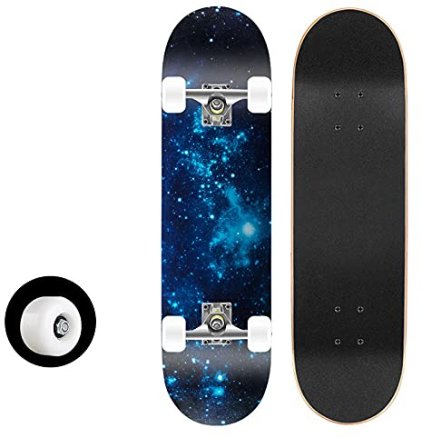Skateboard Königsblaue Galaxie Skateboard Kinder ab 8 Jahre 80x20cm 7-Lagigem Ahornholz Longboard Double Kick Komplett für Anfänger Jungen Mädchen Erwachsene Profi Penny Board