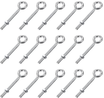 sourcing map M5x50mm Eye Hooks Screws Bolts Kit, 15pcs Carbon Steel Hanger Eyelet Hooks Screw with Hex Nuts for Metal Hook, Wood Terminal Ring Hooks