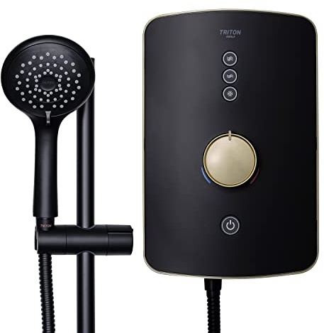 Triton Showers Amala Metallic | Shower Electric | 8.5 KW I Black I Brushed Brass I Electrical Showers | with Showerhead and Anti Twist Hose | Best Electric Shower Units for Bathrooms