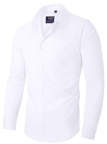 siliteelon White Shirt Men Long Sleeve Stretch Dress Formal Shirts Regular Fit Cotton Business Work Office Button Down Fashion Shirts for Men Adult with Pocket L