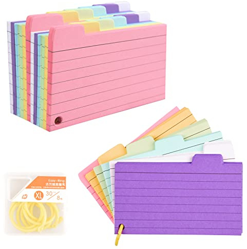 Vakki Tabbed Index Cards, 300PCS Colourful Flash Cards with 8 Binder Rings, Ruled Revision Cards Spiral Flashcards Lined Coloured Card Note Taking Cue Cards for Learning to Do List Notebook
