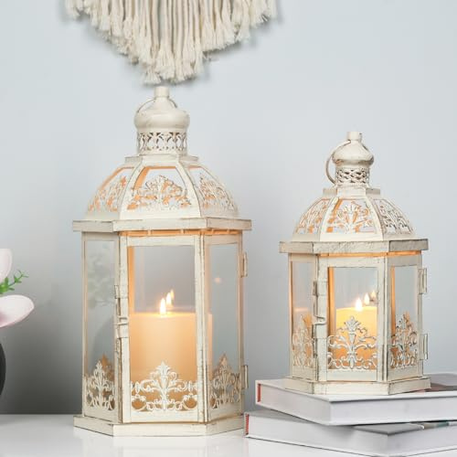 Lanterns Decorative Outdoor&Indoor, Set of 2 (15&11) Beige Metal Lantern Decor with Glass, Candle Holder for Porch, Patio, Garden, Fall, Wedding, Christmas, Table Centerpiece