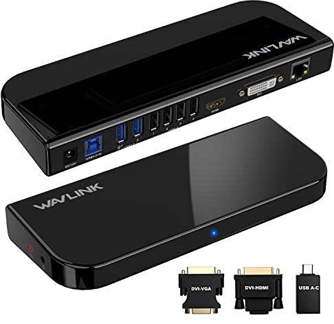 WAVLINK Base di Docking per 2 Monitor, USB-C / 3.0, Dock Universale DisplayLink con HDMI, DVI, VGA, Ethernet Gigabit, Audio, 6 Porte USB per Mac e Windows