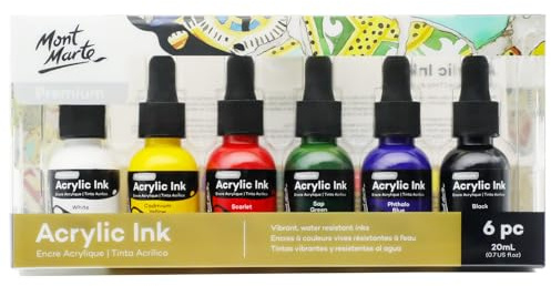 Mont MarteInchiostro acrilico Premium 6 pezzi x 20 ml (0,7 US fl.oz), colori essenziali per aerografo, arte versata, scrapbooking, disegno a inchiostro