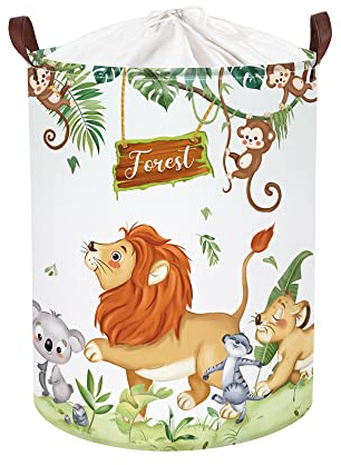 Clastyle 45L Safari Tiere Löwe Affe Koala Tropische Palmen Blätter Baby Wäschekorb Rund Spielzeug Kleidung Grün Aufbewahrungskorb für Kinderzimmer, 36x45 cm