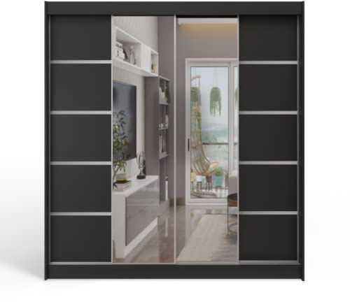 ML Furniture T5 Schiebetüren Kleiderschrank 180 x 215 x 58 cm mit Spiegel - Schlafzimmermöbel, Aufbewahrung - Mehrzweckschrank - Farbe: Schwarz - 2 Schiebetüren