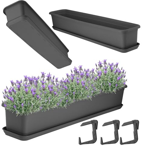 KADAX Växtlåda 80 cm med underlägg och hållare, antracit – balkonglåda av plast, planteringslåda för inomhus- och utomhusbruk, blomkruka för balkong