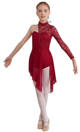 Freebily Vestito Danza Classica Ragazza con Pizzo Floreale Vestito da Pattinaggio Artistico Leotard Balletto Body Ginnastica Artistica Monospalla Costume da Ballo Latino Borgogna 11-12 Anni
