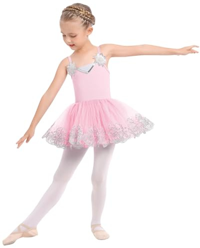 Odizli Vestido de ballet para niñas con tiras de espagueti y escote en V con lentejuelas y flores, vestido de baile, Rosa., 5-6 años