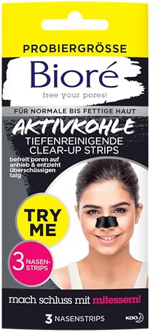 Biore Oil Control Tiefenreinigende Nasen-Clear-Up-Strips - Lieferumfang: 3 Nasenstreifen - Mitesserentferner - Mit Aktivkohle - Verfeinern das Hautbild sichtbar - Try Me Pack