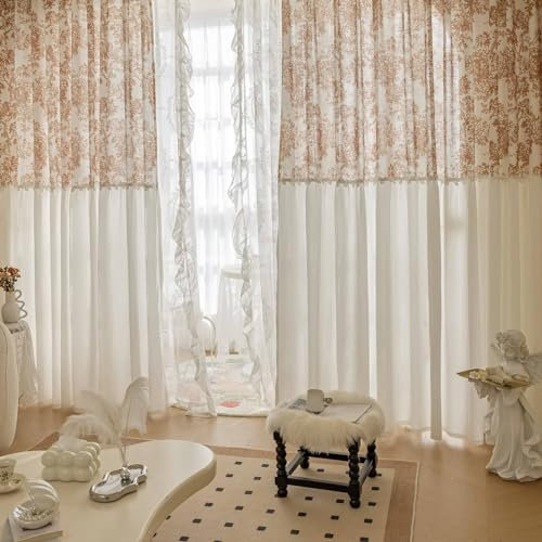 Voile Vorhang mit Ösen, Braunes Baummuster und weißes Patchwork aus halbtransparentem Voile Gardinen mit Ösen für Schlafzimmer und Wohnzimmer102 x 214 cm