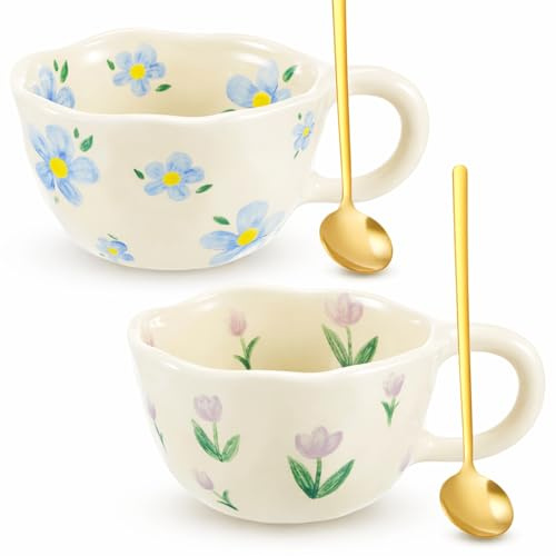 Vesici 2 Pcs Ceramic Coffee Mugs with Spoon, Vintage Floral Spring Mugs with Handle, 8.5 oz Aesthetic Flower Porcelain Tea Cup Set, Dishwasher & Microwave Safe Mothers Day Gifts for Mom(Vibrant)