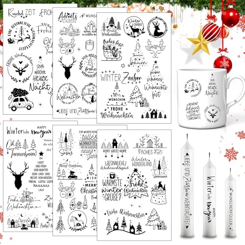 Elfinfi Rub on Sticker, 6 Stück Kerzentattoos Weihnachten, Rub on Sticker Weihnachten, DIY Deko Rub on Sticker Keraflott Geeignet für Weihnachtliche Innendekoration Kerzen, Möbel, Fenster, Gläser
