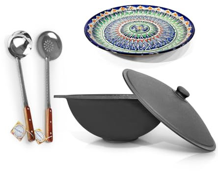 ZARENHOFF Hierro fundido Kazan 16 L Ø 46,5 cm de fondo plano con Lagan Ø 37 cm Espumadera para olla Plov uzbeko WOK Kazan Ljagan Namangan Asia Казан (Set 619)