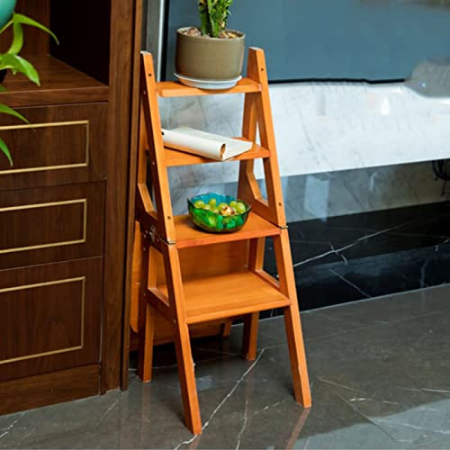 OZBME Step Stool,4 Tier Folding Eco-Friendly Water Paint Reinforced Hasp Ladder Stool Tongue and Groove Construction Step Without Wobportable Wooden Flat Sliding Ladder Body,Sturdy and Durable Wooden