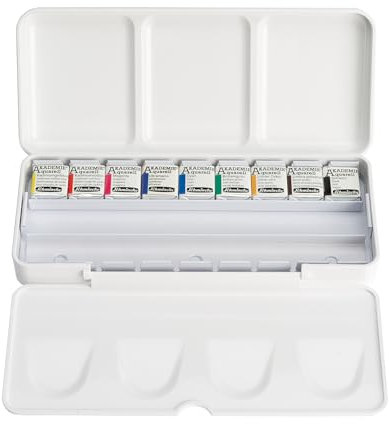 Schmincke – AKADEMIE® Aquarell Farbkasten, Kunststoff-Set, Grundsortiment 9 x 1/2 Näpfchen, 75 790 097, Metallkasten, hoch lichtechte Farbtöne, feine Künstler-Aquarellfarben