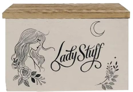 Jomeis Lady Stuff Storage Box - Vintage Wooden Bathroom Divided Organizer with Flip-Top Lid for Pads, Liners, Tampons & More - Feminine Hygiene Rustic Chic Home Decor, Hinged Lidded Discreet Storage
