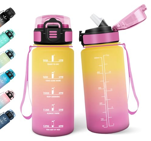 Borraccia, 500ML Con Paglia, Borraccia Bambini, Senza BPA, Borracce con Cannuccia, Bottiglia d'acqua Motivazionale con Indicatore del Tempo, Bottiglia Acqua per Scuola, Sport, Yoga - Giallo&rosa
