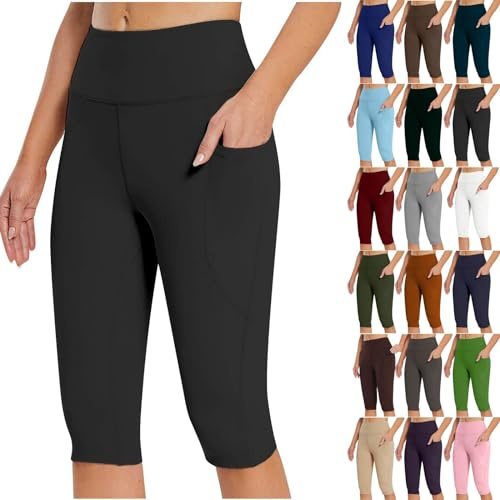 AMDOLE Capri Leggings for Women UK High Waisted Knee Length Yoga Leggings with Pockets Summer Short Legging Tummy Control Yoga Pants Cropped Seamless Stretchy Sports Gym Running Shorts Black, L