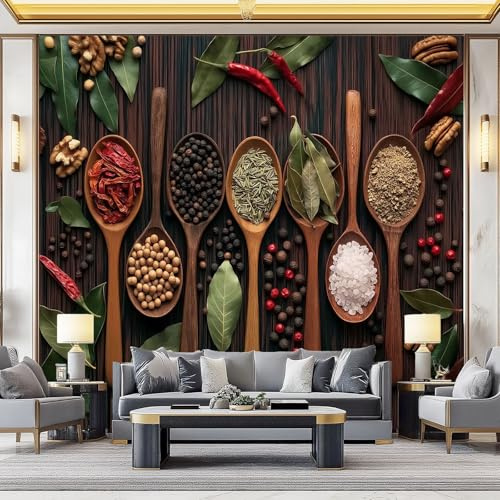 Papier Peint Panoramique 3D Vintage Épices Cuillère En Bois 200 X 140 Cm – Décoration Murale Pour Salon, Chambre, Restaurantmarron Vert Sauge– Poster Géant Mural, Fond De Mur Tv Ou Canapé