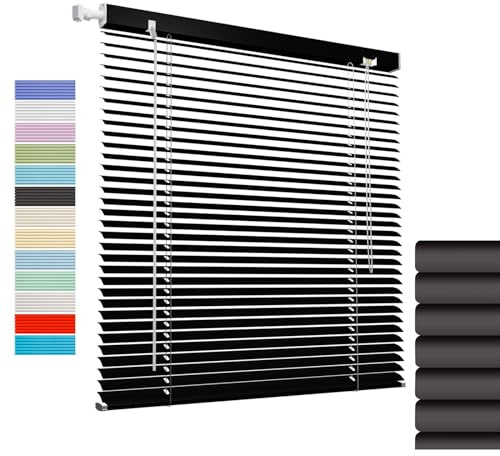 Persiana Veneciana para Ventana, Persianas Venecianas Aluminio Interior, Lamas 25mm Sin Taladrar, Estor Horizontales Ajustable Privacidad Blackout para Cocina Oficina(Black)