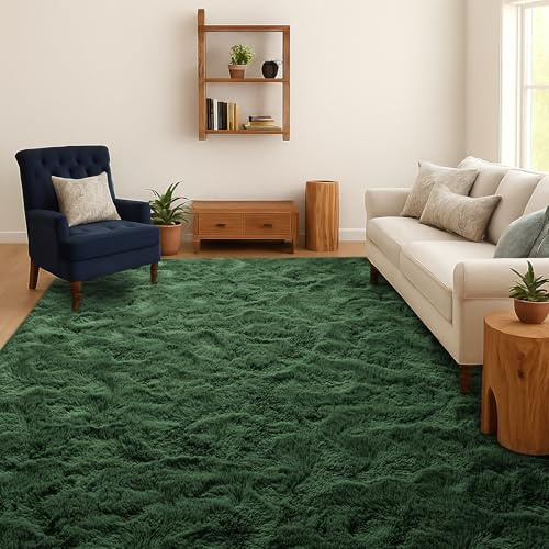 SOANNY Teppich Wohnzimmer Waschbar Anti-Rutsch 200x300 cm, Waldgrün | Hochflor, Langflor, Shaggy, Flauschig, Weich, Einfarbig, Pflegeleicht, Groß, Für Wohnzimmer Schlafzimmer Kinderzimmer Büro