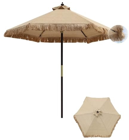 ZIUSFAC 210cm Ombrello da Patio con Frange Parasole Hawaiano retrò Ombrellone Dritto Palo in Legno 6 Costole Ombrellone da Spiaggia pour Giardino Cortile Spiaggia Esterni