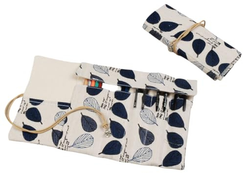 Pencil Pouch Canvas Pencil Case Plant Pattern Pen Curtain Pen Roll-Blue Mint Leaves